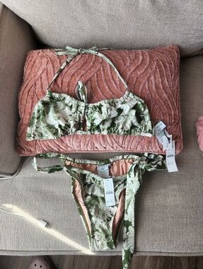 J. Crew Green and White Floral Bandeau Bikini Set